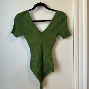Green Ribbed V-Neck Sweater Bodysuit